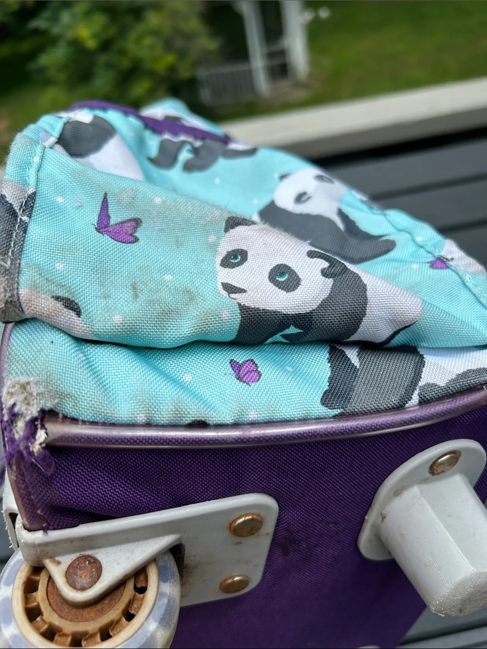 Pottery Barn Kids Panda Print Rolling Backpack - Purple & Teal